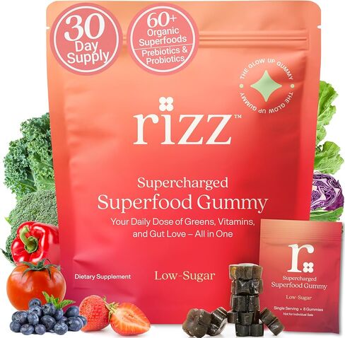 Rizz Sugar-Free Green Gummies - 60+ Superfoods 6g Fiber - Prebiotic and Probiotic Gummies - Vegan Multivitamins for Women & Men - Gluten Free - Mushroom, Fruit and Vegetable Supplements -30 Day Supply in Saudi Arabia