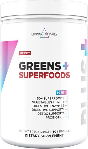 Livingood Daily Greens & Superfood Powder، الخضروات الفائقة لصحة الأمعاء، مسحوق العصير الأخضر مع سبيرولينا، شلوريلا، والإنزيمات الهاضمة، البروبيوتيك لدعم الجهاز الهضمي، التوت، 30 حصة in Saudi Arabia