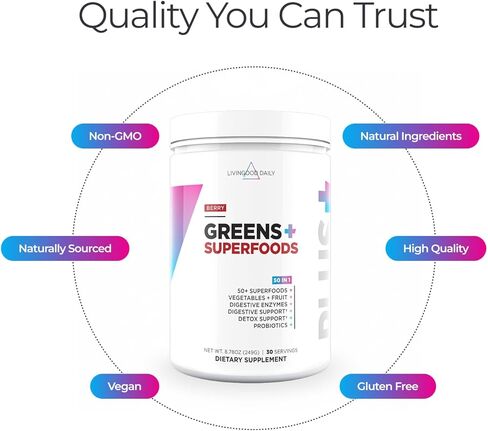 Livingood Daily Greens & Superfood Powder، الخضروات الفائقة لصحة الأمعاء، مسحوق العصير الأخضر مع سبيرولينا، شلوريلا، والإنزيمات الهاضمة، البروبيوتيك لدعم الجهاز الهضمي، التوت، 30 حصة in Saudi Arabia
