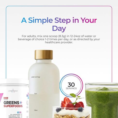 Livingood Daily Greens & Superfood Powder، الخضروات الفائقة لصحة الأمعاء، مسحوق العصير الأخضر مع سبيرولينا، شلوريلا، والإنزيمات الهاضمة، البروبيوتيك لدعم الجهاز الهضمي، التوت، 30 حصة in Saudi Arabia