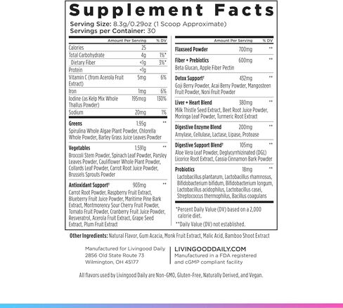 Livingood Daily Greens & Superfood Powder، الخضروات الفائقة لصحة الأمعاء، مسحوق العصير الأخضر مع سبيرولينا، شلوريلا، والإنزيمات الهاضمة، البروبيوتيك لدعم الجهاز الهضمي، التوت، 30 حصة in Saudi Arabia