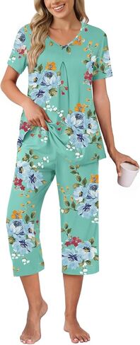 Anyally Women's Pajama Set Short Sleeve Shirt and Capri Pants Sleepwear Pleated Ladies Pjs Sets with Pockets in Kuwait