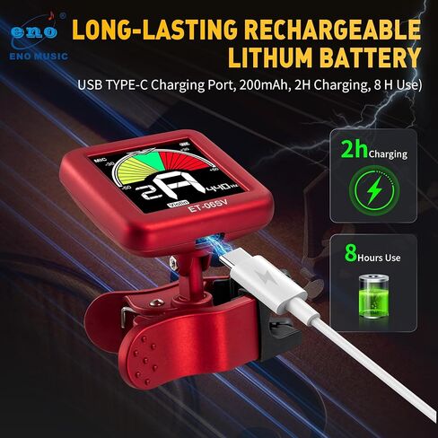 ENO MUSIC Rechargeable Type-C Quick Charge Easy Control Big LCD Display Easy Reading Clip-on Tuner for 4/4 Violin Viola Bass, Red in Kuwait