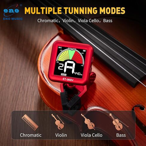 ENO MUSIC Rechargeable Type-C Quick Charge Easy Control Big LCD Display Easy Reading Clip-on Tuner for 4/4 Violin Viola Bass, Red in Kuwait