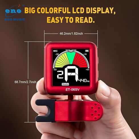 ENO MUSIC Rechargeable Type-C Quick Charge Easy Control Big LCD Display Easy Reading Clip-on Tuner for 4/4 Violin Viola Bass, Red in Kuwait