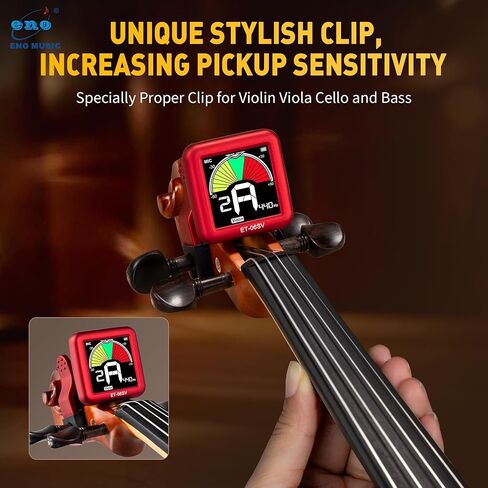 ENO MUSIC Rechargeable Type-C Quick Charge Easy Control Big LCD Display Easy Reading Clip-on Tuner for 4/4 Violin Viola Bass, Red in Kuwait
