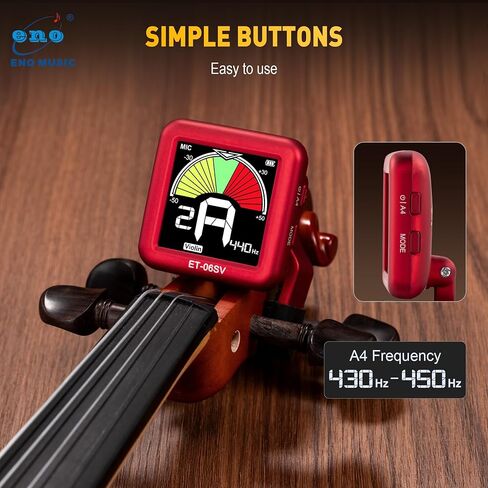ENO MUSIC Rechargeable Type-C Quick Charge Easy Control Big LCD Display Easy Reading Clip-on Tuner for 4/4 Violin Viola Bass, Red in Kuwait