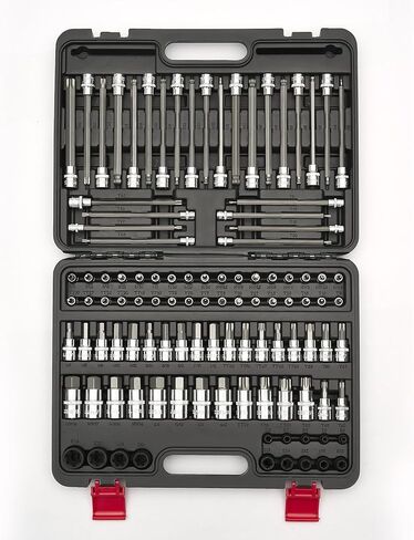 107-Piece Allen and Torx Bit socket Set, 1/4", 3/8" and 1/2" Drive, Hex/Long Torx/Tamper Torx/Long Ball End Bits, E-Torx Socket, SAE & Metric, S2 Steel Bits with Storage Box in Kuwait
