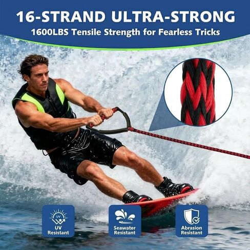 حبل تزلج بطول 75 قدم مع مقبض، قسمين من حبال التزلج على الماء للتزلج على الماء، والتزلج على الركبة، والتزلج على الماء، باللونين الأحمر والأسود in Kuwait