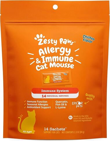 Zesty Paws Allergy & Immune Mousse for Cats - Cat Puree Tube Treats - Lickable Cat Treats Squeeze up for Immunity, Skin Health & Antioxidant Support - Chicken 14ct in Kuwait