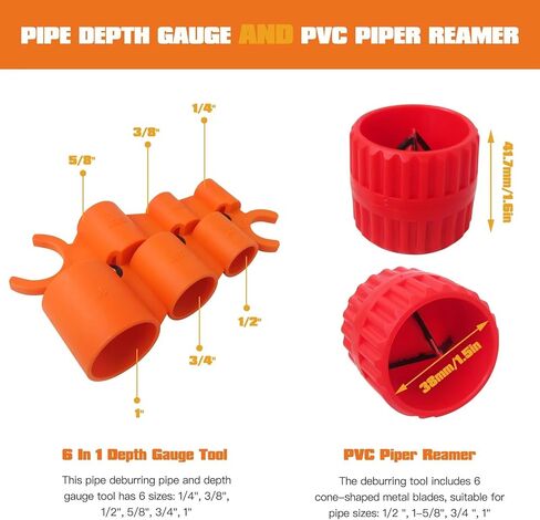 أداة شطب الأنابيب الخارجية الداخلية من 1/8 بوصة إلى 1-5/8 بوصة لأنابيب PVC/PPR/CPVC/النحاس/الألومنيوم، مقياس العمق 1/4 بوصة - 1 بوصة ومجموعة أدوات إزالة حواف الأنابيب (ترقية 2025) in Saudi Arabia