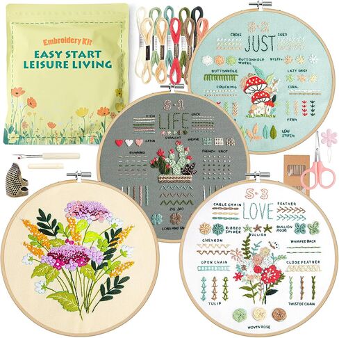 4 Pack Embroidery Kit for Beginners Adults, 34 Stitch Techniques with Floral Patterns, Complete DIY Kit with Stamped Patterns, Hoop, Colorful Threads, Tools, Step by Step Instructions & Video Tutorial in Kuwait