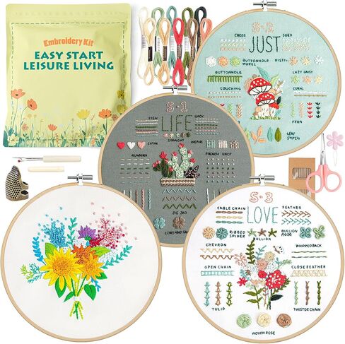 4 Pack Embroidery Kit for Beginners Adults, 34 Stitch Techniques with Floral Patterns, Complete DIY Kit with Stamped Patterns, Hoop, Colorful Threads, Tools, Step by Step Instructions & Video Tutorial in Saudi Arabia