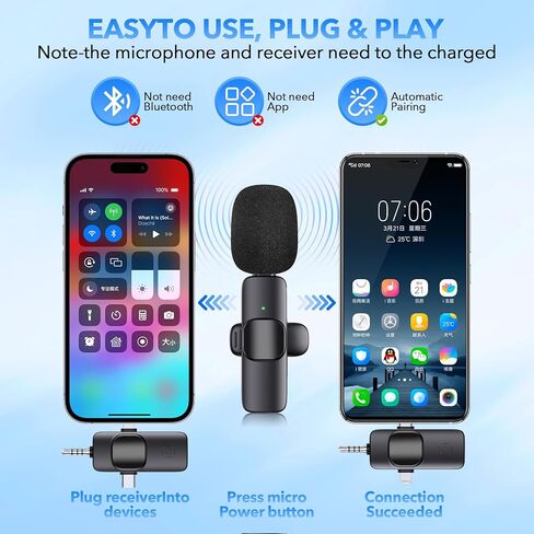 ميكروفون لاسلكي احترافي 3 في 1 لهواتف iPhone، وAndroid، والكاميرا، وميكروفون على شكل طية صدر السترة مع تقليل الضوضاء، وميكروفون صغير بجودة صوت واضحة للغاية للتسجيل، والبث المباشر، وTiktok، وYouTube، وVlog in Kuwait