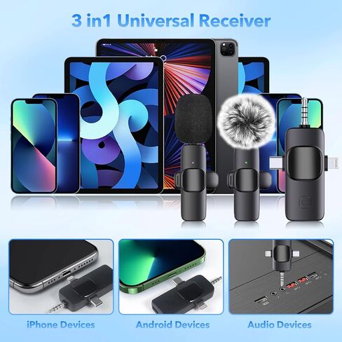 ميكروفون لاسلكي احترافي 3 في 1 لهواتف iPhone، وAndroid، والكاميرا، وميكروفون على شكل طية صدر السترة مع تقليل الضوضاء، وميكروفون صغير بجودة صوت واضحة للغاية للتسجيل، والبث المباشر، وTiktok، وYouTube، وVlog in Kuwait