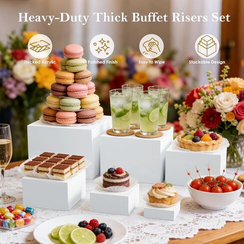 Navatiee 6PCS White Buffet Risers, Food Risers for Buffet Table, Acrylic Nesting Display Stands (3"-8"), with 6 Mini Signs & 2 Markers for Party Catering, Desserts & Jewelry in Saudi Arabia