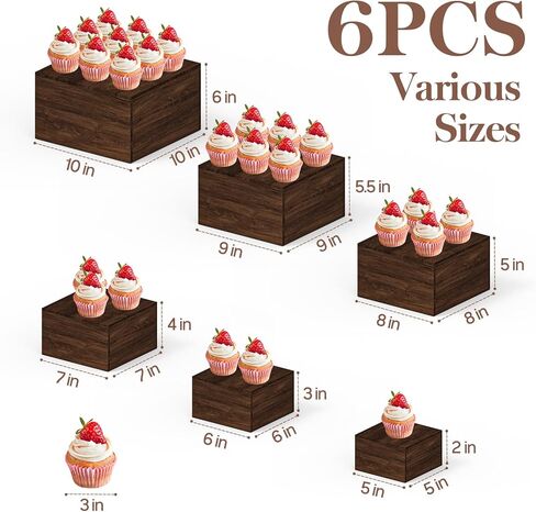 6 قطع من حاملات البوفيه الخشبية، حوامل كب كيك خشبية ريفية، حاملات طعام مربعة لطاولة البوفيه، مجموعة عرض طاولة الحلوى، صناديق خشبية قابلة للتكديس للحفلات، الديكور، الزفاف، أعياد الميلاد in Kuwait