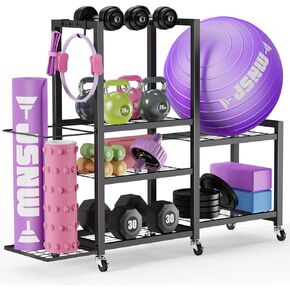 6-Tier Multi-Functional Home Gym Storage Rack with Wheels and Hooks, Adjustable Weight Rack for Dumbbells Kettlebells Yoga Mat and Balls, Space Saving Workout Equipment Storage Organizer in Saudi Arabia