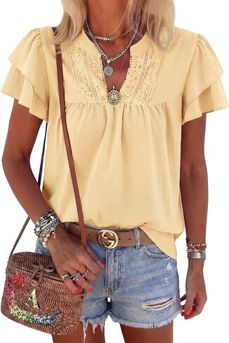 HEYTALALA Womens Summer Blouses Dressy Casual Cute V Neck Ruffle Short Sleeve Tops Business Work Shirts 2025 Trendy in Kuwait