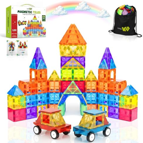 Magnetic Tiles 100 PCS with 2 Cars and 4 Extra Alphabets – STEM Building Blocks for Kids, Educational Gift for Boys & Girls in Saudi Arabia