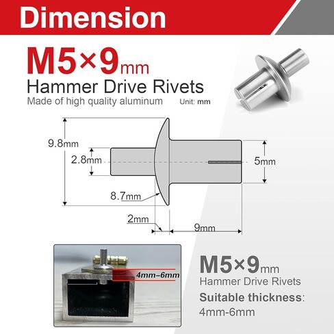100Pcs M5 x 9mm Hammer Drive Rivets, Aluminum Core Drive Rivets for Household, Mechanical & Electronic Equipment in Saudi Arabia