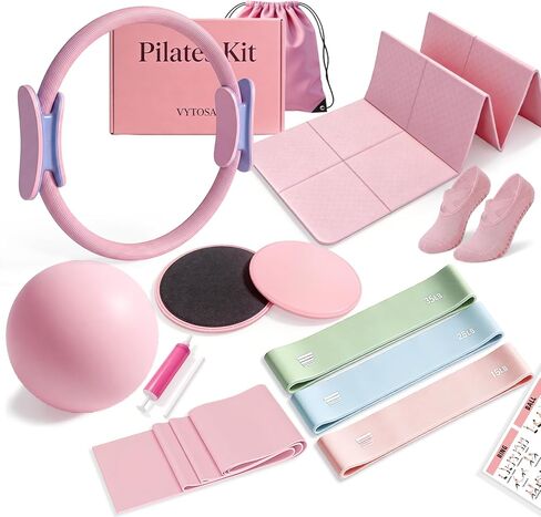 Pilates Kit with Foldable Yoga Mat, Portable Home Workout Pilates Equipment, Lightweight Pilates Set for Travel & Small Spaces,14.5" Pilates Ring and Ball, Resistance Bands & Core Sliders, Pink in Saudi Arabia
