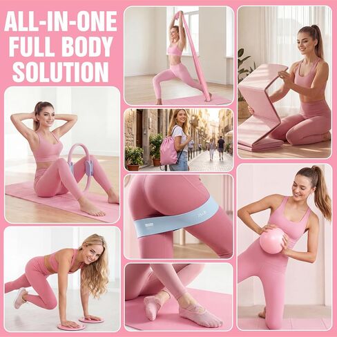 Pilates Kit with Foldable Yoga Mat, Portable Home Workout Pilates Equipment, Lightweight Pilates Set for Travel & Small Spaces,14.5" Pilates Ring and Ball, Resistance Bands & Core Sliders, Pink in Saudi Arabia
