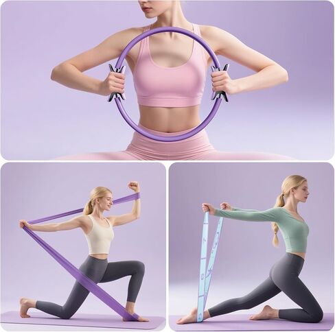 مجموعة بيلاتيس للتدريب المستهدف، معدات بيلاتيس مطورة للنساء مع دائرة سحرية مقاس 14 بوصة، وأشرطة شكل 8، وكرة بيلاتيس وأشرطة لشد القلب والفخذين والأرداف والأذرع في المنزل - يتضمن دليل التمرين in Kuwait