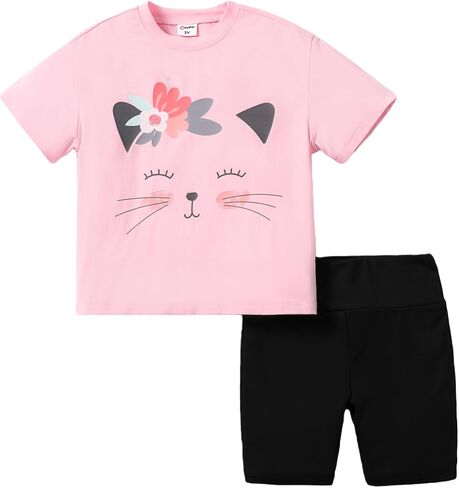 مجموعة ملابس باتبات للأطفال البنات مكونة من قطعتين تي شيرت بأكمام قصيرة وسروال قصير مطبوع عليه نمط ملابس الصيف in Kuwait