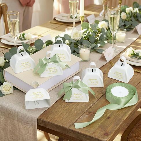 Boao 20 Pcs Metal Cowbell with Handle & 1 Roll Green Ribbon White Cow Bells Small Loud Noise Makers for Wedding Sporting Events Hand Percussion Cheering Spirit Celebrations, 3 x 2.8 x 2.5 Inch in Kuwait