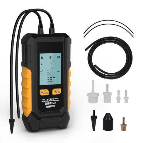 PT503 Digital Gas Pressure Manometer Tester, Dual-Port HVAC Manometer with Measuring Range of -100 to 200 KPa, 6 Selectable Units, Data Retention Function and 7 Adapters Included in Kuwait