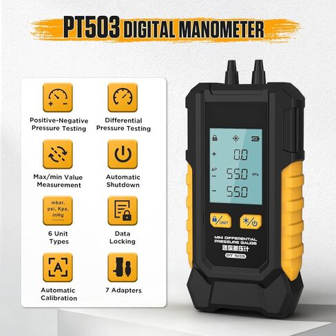 PT503 Digital Gas Pressure Manometer Tester, Dual-Port HVAC Manometer with Measuring Range of -100 to 200 KPa, 6 Selectable Units, Data Retention Function and 7 Adapters Included in Kuwait