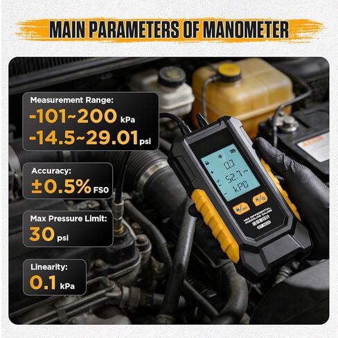 PT503 Digital Gas Pressure Manometer Tester, Dual-Port HVAC Manometer with Measuring Range of -100 to 200 KPa, 6 Selectable Units, Data Retention Function and 7 Adapters Included in Kuwait