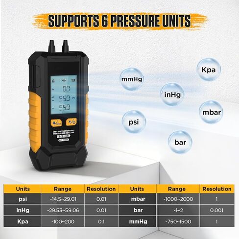 PT503 Digital Gas Pressure Manometer Tester, Dual-Port HVAC Manometer with Measuring Range of -100 to 200 KPa, 6 Selectable Units, Data Retention Function and 7 Adapters Included in Kuwait