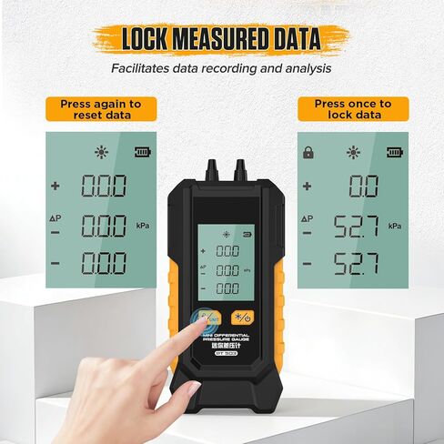PT503 Digital Gas Pressure Manometer Tester, Dual-Port HVAC Manometer with Measuring Range of -100 to 200 KPa, 6 Selectable Units, Data Retention Function and 7 Adapters Included in Kuwait