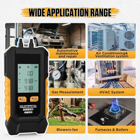 PT503 Digital Gas Pressure Manometer Tester, Dual-Port HVAC Manometer with Measuring Range of -100 to 200 KPa, 6 Selectable Units, Data Retention Function and 7 Adapters Included in Kuwait