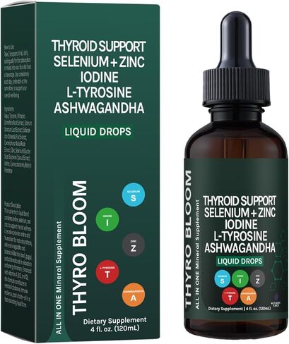 Thyroid Support Liquid Drops,Liquid Formula with Selenium,Zinc,Iodine,L-Tyrosine,Ashwagandha for Hormone Balance, Metabolism,Immune & Energy Support - 4 fl.oz. (120mL) in Kuwait
