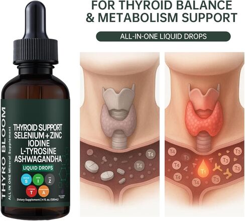 Thyroid Support Liquid Drops,Liquid Formula with Selenium,Zinc,Iodine,L-Tyrosine,Ashwagandha for Hormone Balance, Metabolism,Immune & Energy Support - 4 fl.oz. (120mL) in Kuwait