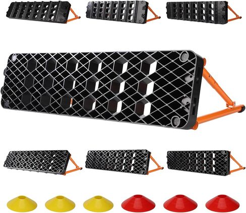 لوح كرة القدم 6 في 1 مع 6 مخاريط تدريب، جدار خلفي محمول مزدوج السطح مع 3 زوايا قابلة للتعديل (60 درجة/75 درجة/90 درجة) للتمرير واللمسة الأولى ورد الفعل، معدات تدريب كرة القدم في الفناء الخلفي in Kuwait