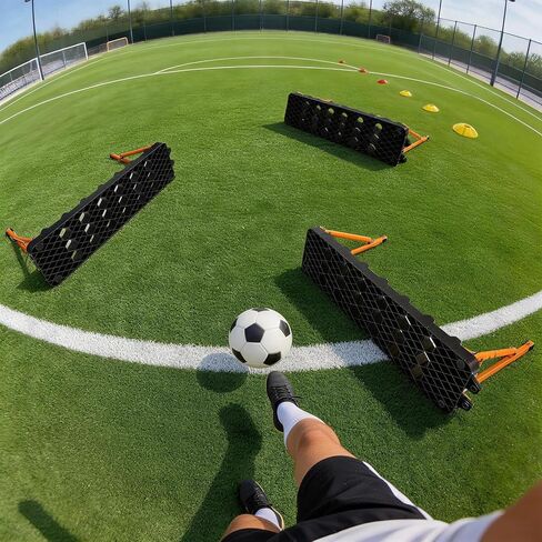 لوح كرة القدم 6 في 1 مع 6 مخاريط تدريب، جدار خلفي محمول مزدوج السطح مع 3 زوايا قابلة للتعديل (60 درجة/75 درجة/90 درجة) للتمرير واللمسة الأولى ورد الفعل، معدات تدريب كرة القدم في الفناء الخلفي in Kuwait