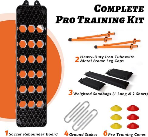 لوح كرة القدم 6 في 1 مع 6 مخاريط تدريب، جدار خلفي محمول مزدوج السطح مع 3 زوايا قابلة للتعديل (60 درجة/75 درجة/90 درجة) للتمرير واللمسة الأولى ورد الفعل، معدات تدريب كرة القدم في الفناء الخلفي in Kuwait