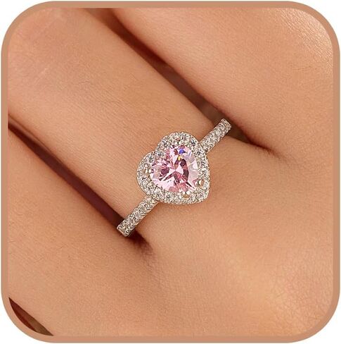 Dainty Pink Heart Rings for Women 925 Sterling Silver Promise Rings for Her Cubic Zirconia Eternity Engagement Wedding Band Purity Ring Mother Daughter Friendship Ring Birthday Graduation Gifts in Kuwait