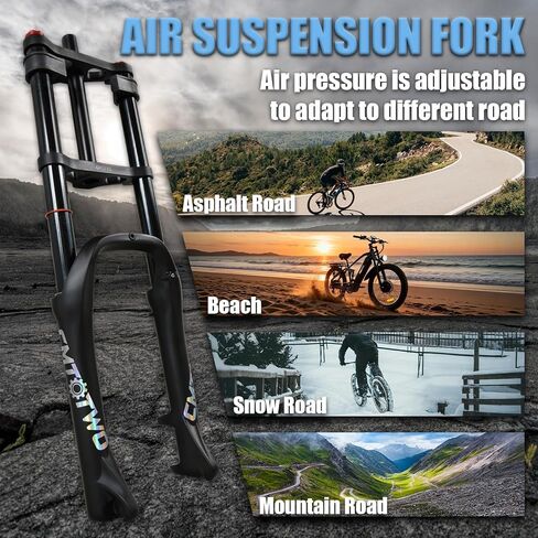 E-Bike Air Suspension Fork: 20 inch 4.0 Fat Tire Front Fork, 185mm Travel, 135mm Hub Spacing, 9mm QR - Double Shoulder Air Shock Absorption Design for MTB Snow Beach Fat Tire Ebike in Kuwait