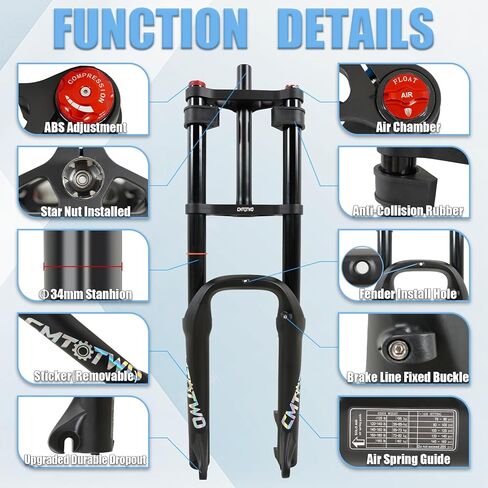 E-Bike Air Suspension Fork: 20 inch 4.0 Fat Tire Front Fork, 185mm Travel, 135mm Hub Spacing, 9mm QR - Double Shoulder Air Shock Absorption Design for MTB Snow Beach Fat Tire Ebike in Kuwait