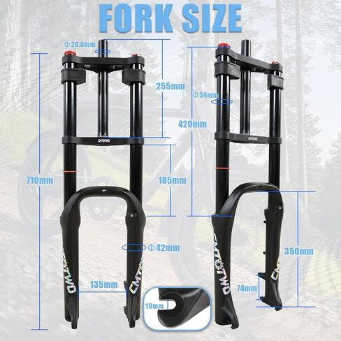 E-Bike Air Suspension Fork: 20 inch 4.0 Fat Tire Front Fork, 185mm Travel, 135mm Hub Spacing, 9mm QR - Double Shoulder Air Shock Absorption Design for MTB Snow Beach Fat Tire Ebike in Kuwait