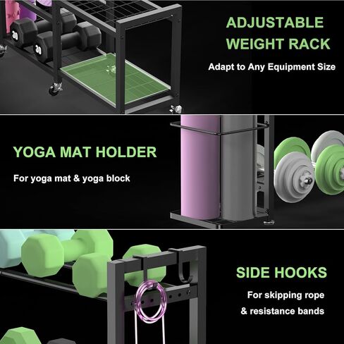 6-Tier Multi-Functional Home Gym Storage Rack with Wheels and Hooks, Adjustable Weight Rack for Dumbbells Kettlebells Yoga Mat and Balls, Space Saving Workout Equipment Storage Organizer in Saudi Arabia