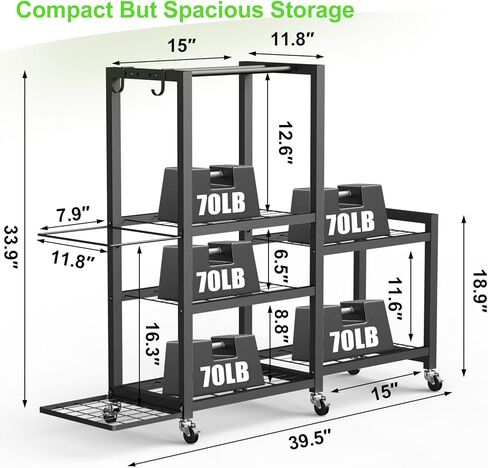 6-Tier Multi-Functional Home Gym Storage Rack with Wheels and Hooks, Adjustable Weight Rack for Dumbbells Kettlebells Yoga Mat and Balls, Space Saving Workout Equipment Storage Organizer in Saudi Arabia