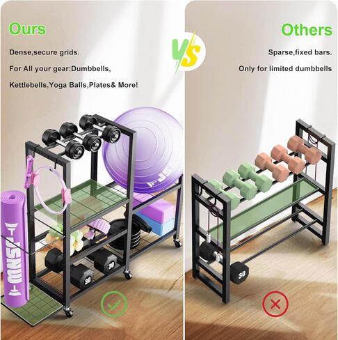 6-Tier Multi-Functional Home Gym Storage Rack with Wheels and Hooks, Adjustable Weight Rack for Dumbbells Kettlebells Yoga Mat and Balls, Space Saving Workout Equipment Storage Organizer in Saudi Arabia