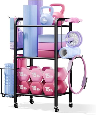 3-Tier Heavy-Duty Home Gym Storage Rack with Hooks and Smooth Wheels for Workout Gear in Kuwait