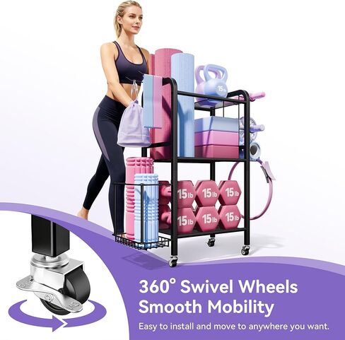 3-Tier Heavy-Duty Home Gym Storage Rack with Hooks and Smooth Wheels for Workout Gear in Kuwait